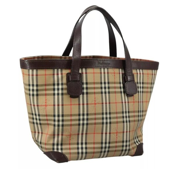 Burberrys Nova Check Hand Bag Canvas Leather Beige Brown Silver Auth - Picture 1 of 15